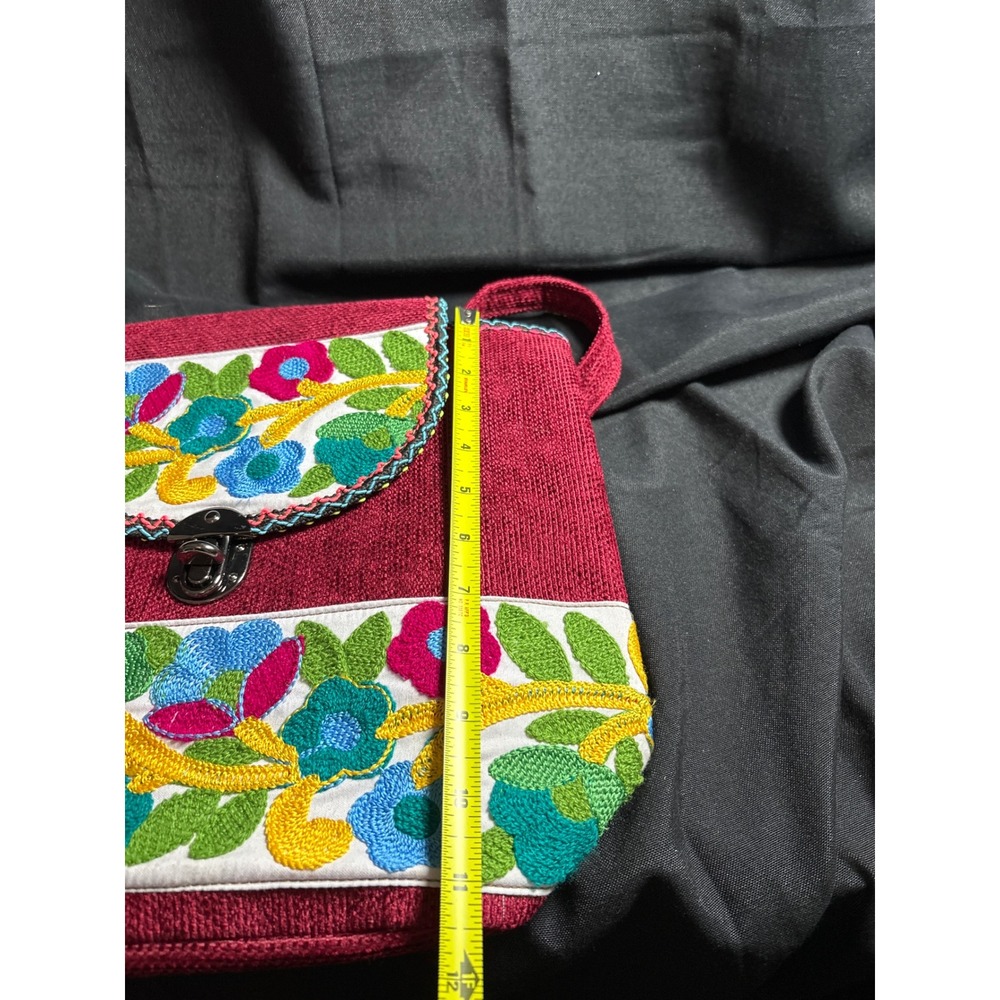Woven Floral Embroidered Backpack Burgundy Boho Artisan Festival Daypack Small - Picture 5 of 5